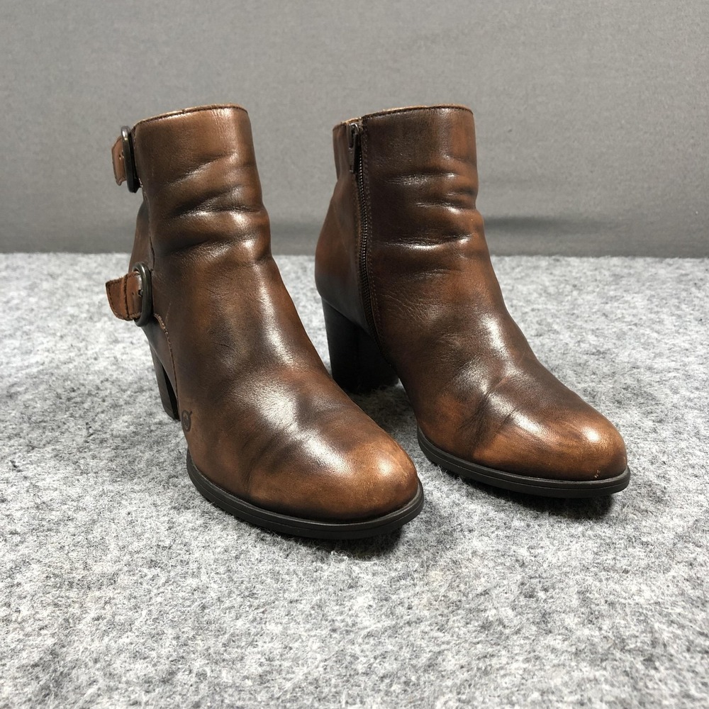 Born Buckle Ankle Booties Womens 8 M Brown Leather Block Heel Zip Casual D40518